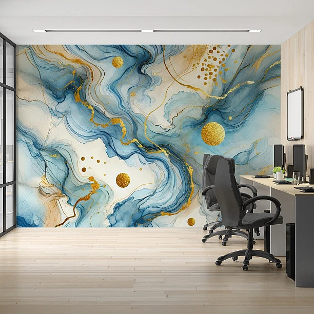 Mavi ve Altın Soyut Sanat Desenli Duvar Kağıdı Mavi ve Altın Soyut Sanat Desenli Duvar Kağıdı