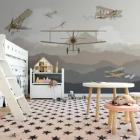 Eski Uçaklar Temalı Çocuk Odası Duvar Kağıdı