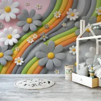 Gökkuşağı Dalgaları ve Papatya Bahçesi – Neşeli Çocuk Odası Duvar Kağıdı