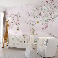 Pembe Çiçekli ve Kuş Desenli Çocuk Odası Duvar Kağıdı