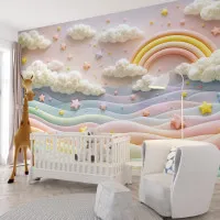 Bulutlar Arasında Pastel Gökkuşağı – Masalsı Bebek Odası Duvar Kağıdı