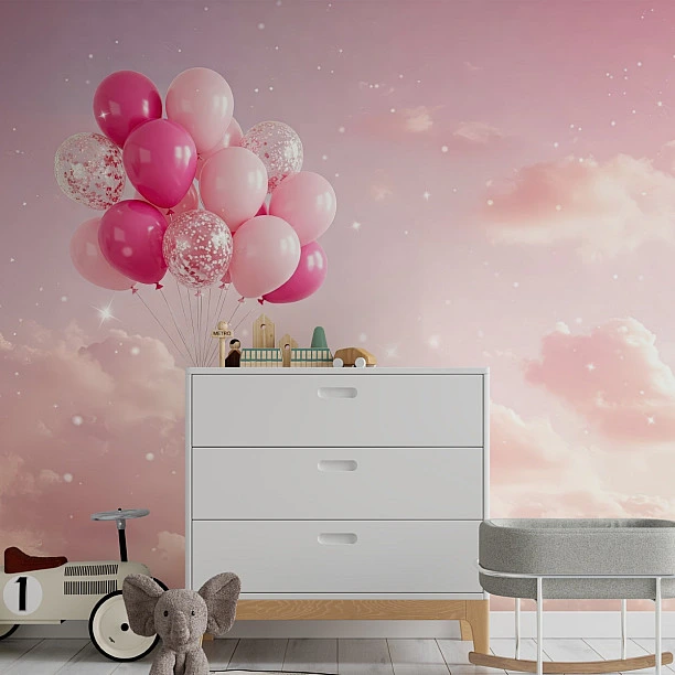 Pembe Balonlu Bulutlar Çocuk Odası Duvar Kağıdı Pembe Balonlu Bulutlar Çocuk Odası Duvar Kağıdı