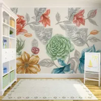 Renkli Çiçek Desenli Çocuk Odası Duvar Kağıdı