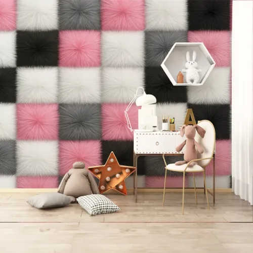 Pembe Gri Beyaz Tüylü Desenli Çocuk Odası Duvar Kağıdı