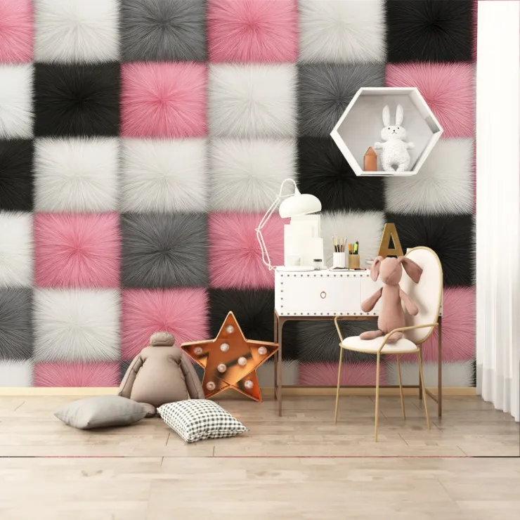 Pembe Gri Beyaz Tüylü Desenli Çocuk Odası Duvar Kağıdı