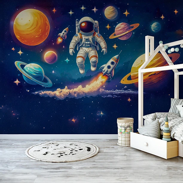 Astronot ve Gezegenler Temalı Çocuk Duvar Kağıdı Astronot ve Gezegenler Temalı Çocuk Duvar Kağıdı