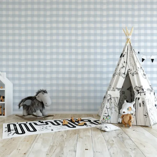 Mavi Kareli Pastel Çocuk Odası Duvar Kağıdı