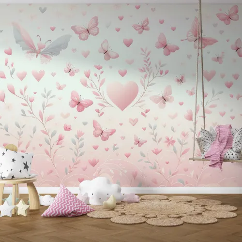 Pembe Kelebek ve Kalp Desenli Çocuk Odası Duvar Kağıdı