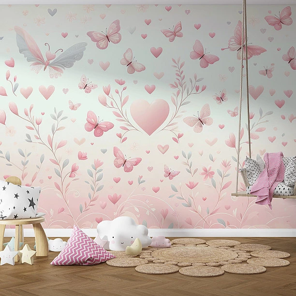 Pembe Kelebek ve Kalp Desenli Çocuk Odası Duvar Kağıdı Pembe Kelebek ve Kalp Desenli Çocuk Odası Duvar Kağıdı