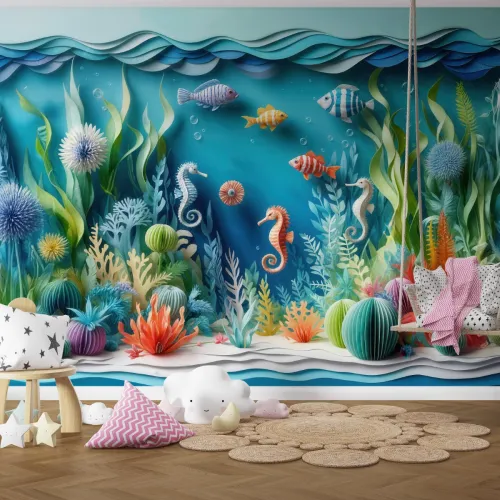 Deniz Altı Temalı 3D Duvar Kağıdı - Çocuk Odası İçin Renkli ve Eğlenceli Tasarım