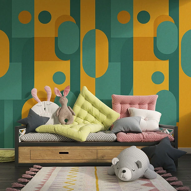 Kehribar ve Turkuaz Geometrik Desenli Modern Duvar Kağıdı