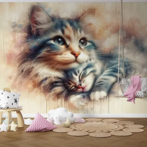 Masum Kedi Anne ve Yavru İllüstrasyonlu Soft Pastel Tonlu Duvar Kağıdı