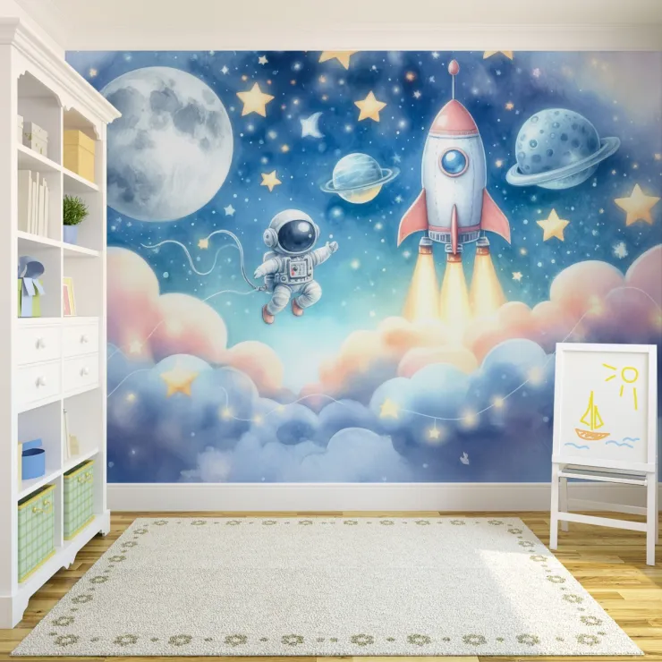 Çocuk Odası Uzay Temalı Astronot ve Roket Duvar Kağıdı