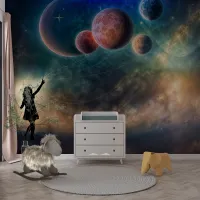 Gezegenleri Uçuran Kız 3D Duvar Kağıdı