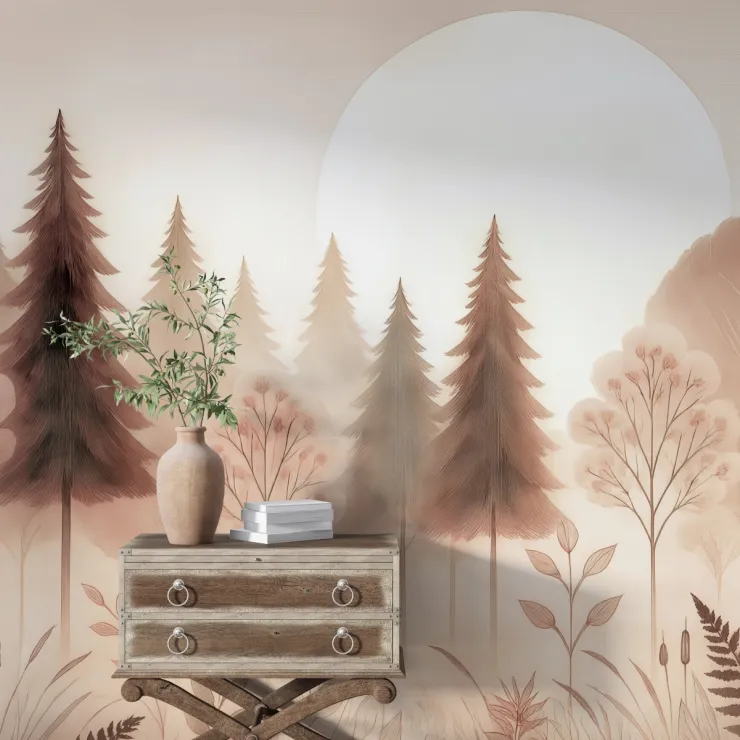 Pastel Tonlarda Orman ve Gün Doğumu Desenli Modern Duvar Kağıdı