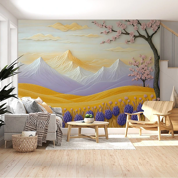 Pastel Dağlar ve Çiçekli Ovalar – Kabartma Efektli Masalsı Doğa Duvar Kağıdı Pastel Dağlar ve Çiçekli Ovalar – Kabartma Efektli Masalsı Doğa Duvar Kağıdı
