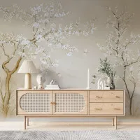 Japon Esintili Beyaz Çiçek ve Uçan Yusufçuk Desenli Modern Duvar Kağıdı