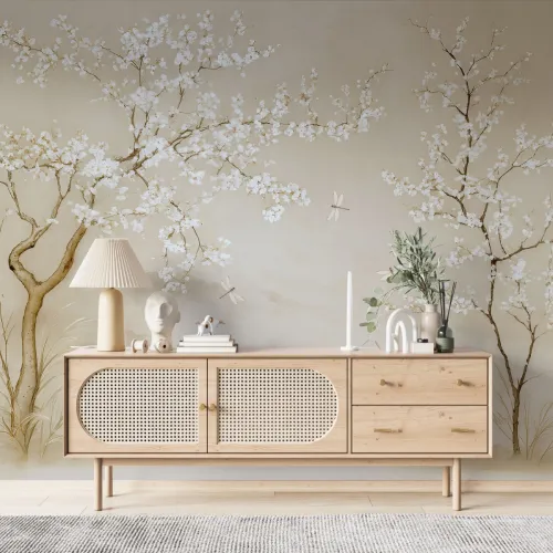 Japon Esintili Beyaz Çiçek ve Uçan Yusufçuk Desenli Modern Duvar Kağıdı