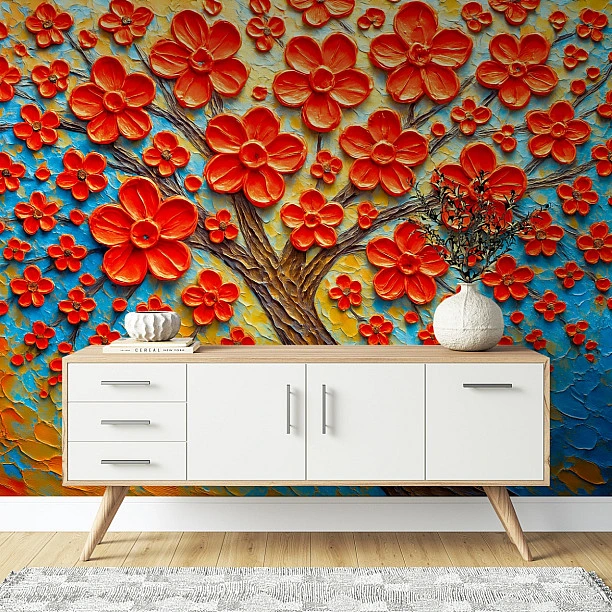 3D Kırmızı Çiçekli Sanatsal Ağaç Duvar Kağıdı 3D Kırmızı Çiçekli Sanatsal Ağaç Duvar Kağıdı