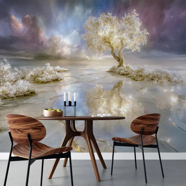 Işıltılı Gökyüzü ve Altın Ağaç Temalı Fantastik 3D Duvar Kağıdı