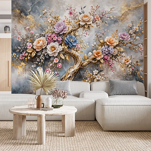 Altın Detaylı 3D Çiçekli Ağaç Duvar Kağıdı
