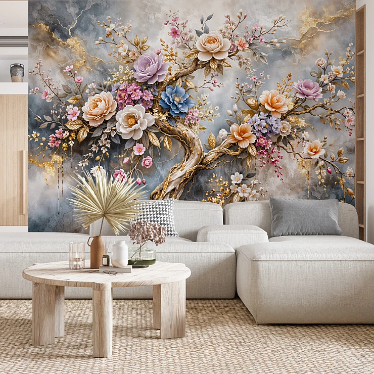 Altın Detaylı 3D Çiçekli Ağaç Duvar Kağıdı Altın Detaylı 3D Çiçekli Ağaç Duvar Kağıdı