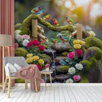 Renkli Kuşlar ve Çiçekli Şelale Temalı 3D Doğa Duvar Kağıdı