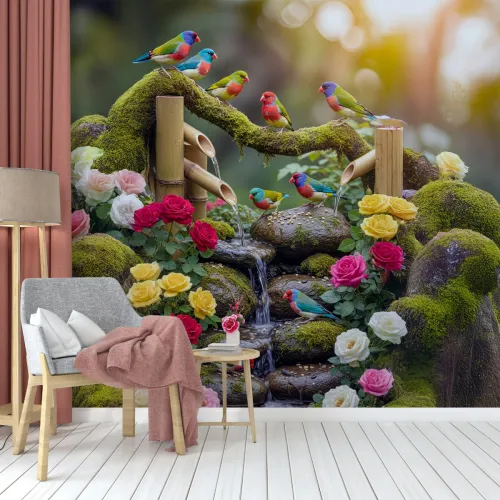 Renkli Kuşlar ve Çiçekli Şelale Temalı 3D Doğa Duvar Kağıdı