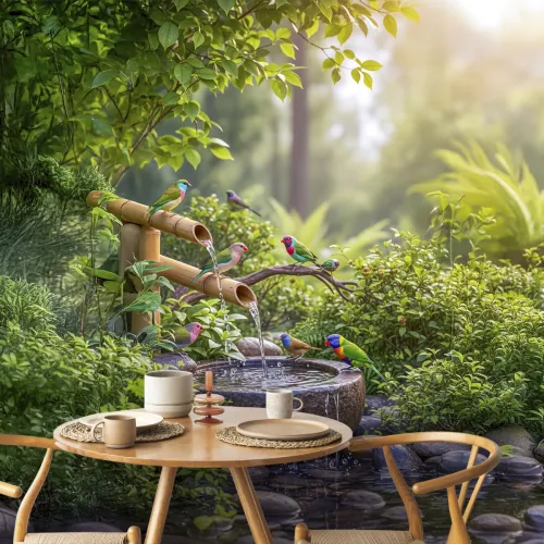 Doğal Şelale ve Renkli Kuşlar Temalı 3D Bahçe Duvar Kağıdı