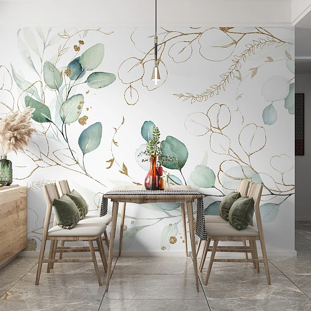 Su Yeşili Yaprak Desenli Modern Çizgisel Duvar Kağıdı Su Yeşili Yaprak Desenli Modern Çizgisel Duvar Kağıdı