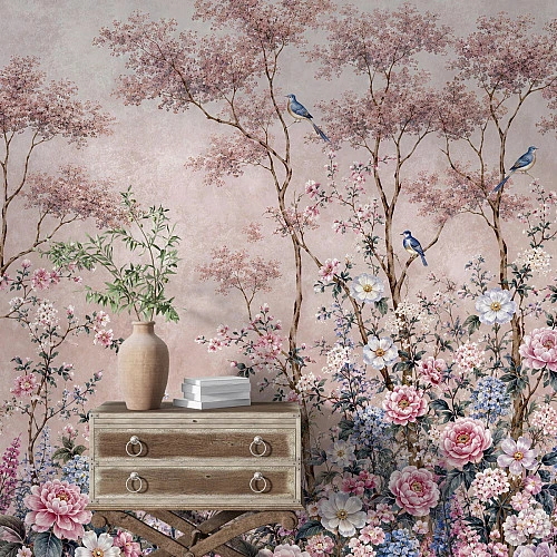 Pembe Çiçekli Ağaçlar ve Kuşlar Duvar Kağıdı