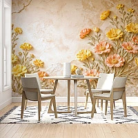 Sarı ve Şeftali Tonlu Çiçekli Duvar Kağıdı