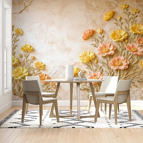 Sarı ve Şeftali Tonlu Çiçekli Duvar Kağıdı