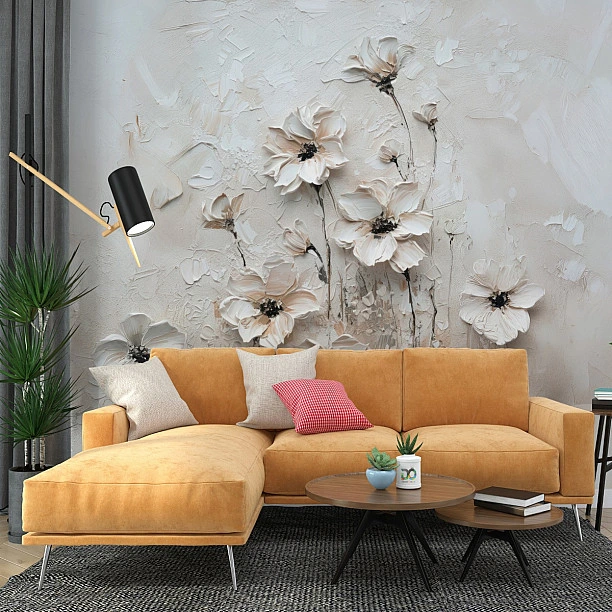 Bej Renkli Modern Çiçek Motifli Duvar Kağıdı Bej Renkli Modern Çiçek Motifli Duvar Kağıdı