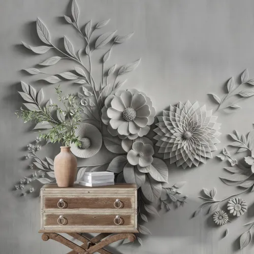 Gri 3D Çiçek Desenli Duvar Kağıdı