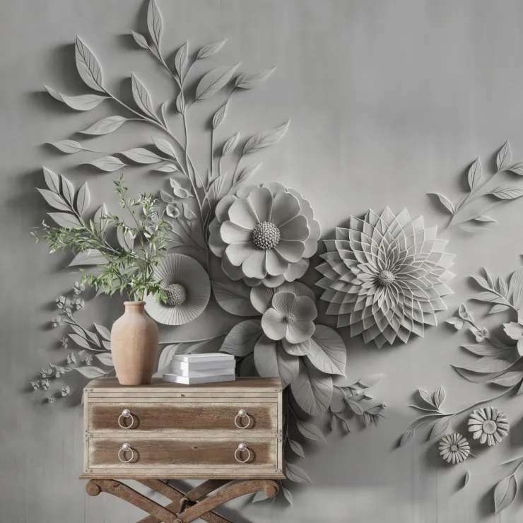 Gri 3D Çiçek Desenli Duvar Kağıdı