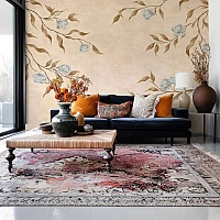 Bej Zeminli Mavi Çiçekli Zarif Dal Desenli Duvar Kağıdı