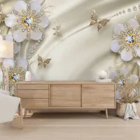 3D Mücevher Çiçek ve Kelebek Desenli Duvar Kağıdı
