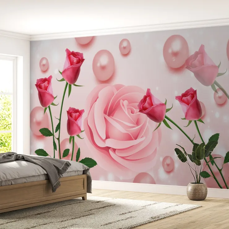 Pembe Gül ve İnci Desenli 3D Romantik Duvar Kağıdı Pembe Gül ve İnci Desenli 3D Romantik Duvar Kağıdı