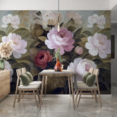 Pembe Şakayık Bahçesi – Yağlı Boya Etkili Romantik Çiçek Duvar Kağıdı