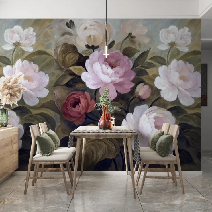 Pembe Şakayık Bahçesi – Yağlı Boya Etkili Romantik Çiçek Duvar Kağıdı