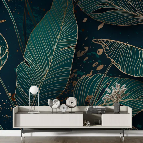 Altın Hatlı Gece Tropik Desenli Modern Duvar Kağıd