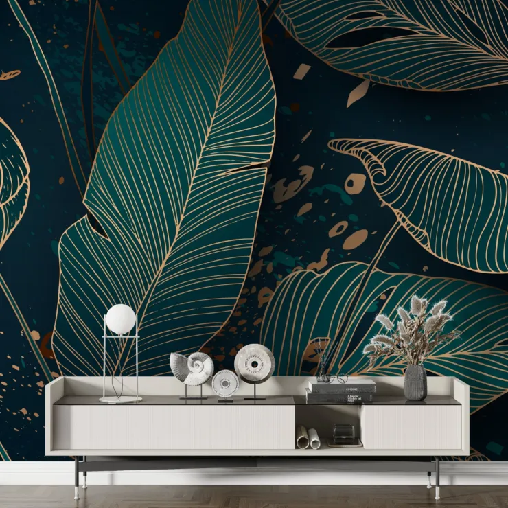 Altın Hatlı Gece Tropik Desenli Modern Duvar Kağıd Altın Hatlı Gece Tropik Desenli Modern Duvar Kağıd