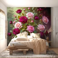 Pembe ve Mor Gül Desenli Romantik Duvar Kağıdı