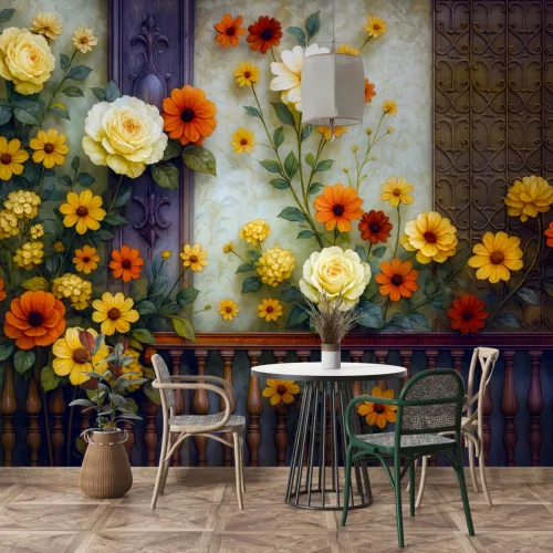 Altın Sarısı ve Turuncu Çiçek Desenli Klasik Fonlu 3D Duvar Kağıdı Altın Sarısı ve Turuncu Çiçek Desenli Klasik Fonlu 3D Duvar Kağıdı