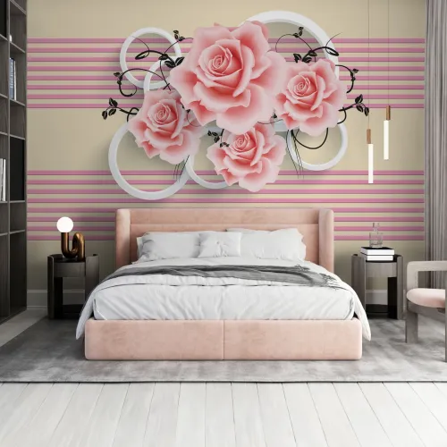 Pembe Gül Desenli 3D Çizgili Modern Duvar Kağıdı