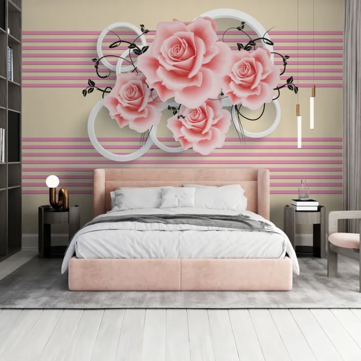 Pembe Gül Desenli 3D Çizgili Modern Duvar Kağıdı Pembe Gül Desenli 3D Çizgili Modern Duvar Kağıdı