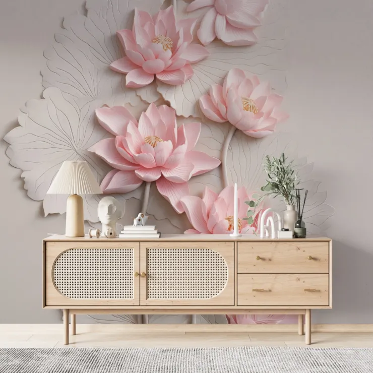 3D Pembe Lotus Çiçeği Duvar Kağıdı