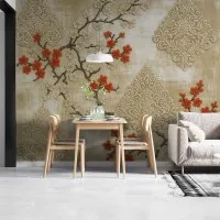 Osmanlı Motifli Kabartma ve Turuncu Çiçek Desenli Duvar Kağıdı