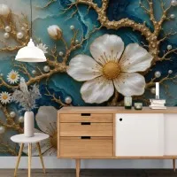 3D İnci Detaylı Beyaz Çiçek Desenli Dijital Duvar Kağıdı
